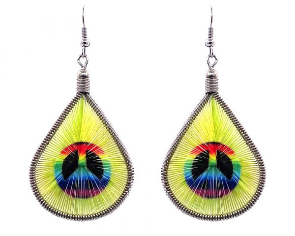 Teardrop-shaped thread dangle earrings with alpaca silver wire and peace sign graphic image in yellow and rainbow color combination.
