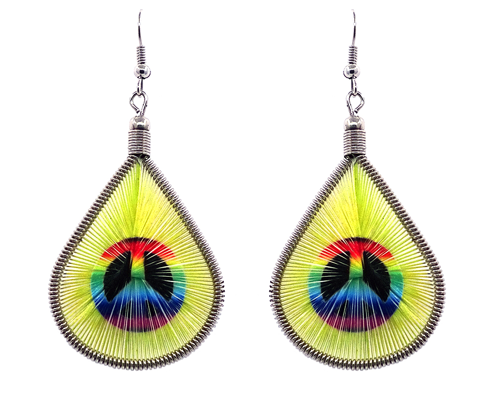 EA-010820039909 Teardrop-shaped thread dangle earrings with alpaca silver wire and peace sign graphic image in yellow and rainbow color combination.