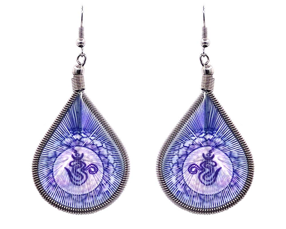EA-010822050025 Teardrop-shaped thread dangle earrings with alpaca silver wire and om sign graphic image in blue and white color combination.