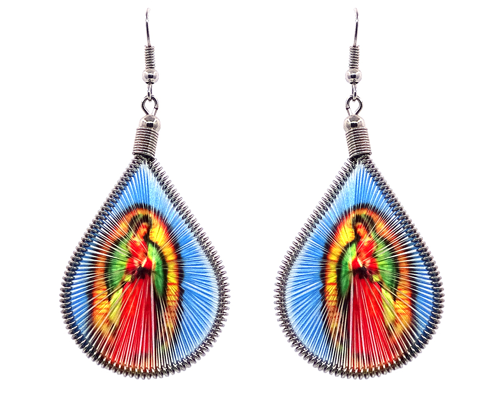 EA-010827010315 Teardrop-shaped thread dangle earrings with alpaca silver wire and Virgin Mary graphic image in blue, yellow, red, and green color combination.