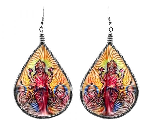 Large teardrop-shaped thread dangle earrings with alpaca silver wire and Parvati goddess graphic image in golden yellow and multicolored color combination.