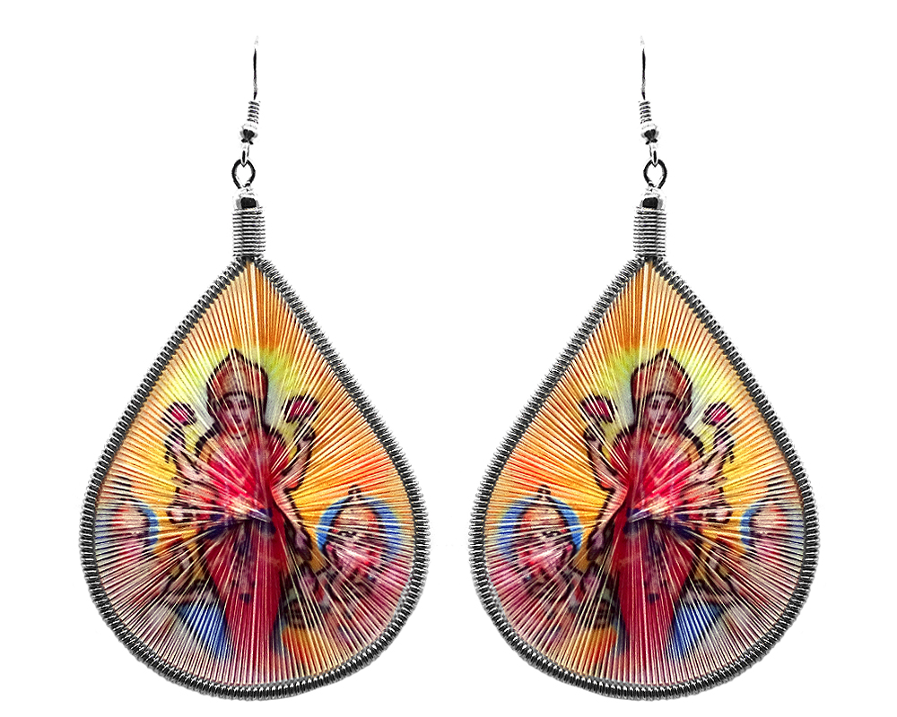 EA-010834333705 Large teardrop-shaped thread dangle earrings with alpaca silver wire and Parvati goddess graphic image in golden yellow and multicolored color combination.