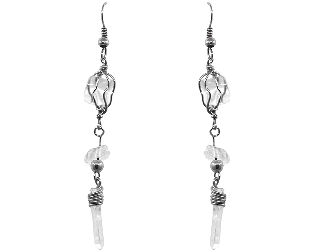 EA-020301000000 Silver metal wire wrapped tumbled stone earrings with chip stone and clear quartz crystal point dangle in clear quartz.