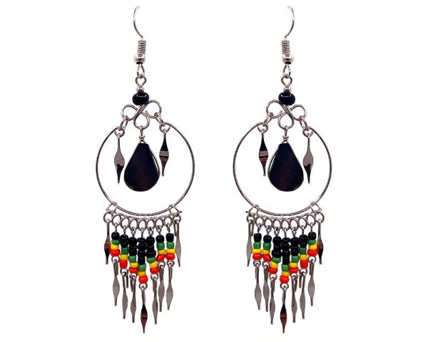 Teardrop-cut black onyx stone and alpaca silver metal hoop earrings with seed bead and metal dangles in Rasta colors.