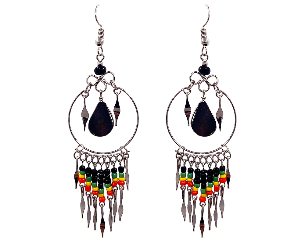 EA-020701090104 Teardrop-cut black onyx stone and alpaca silver metal hoop earrings with seed bead and metal dangles in Rasta colors.