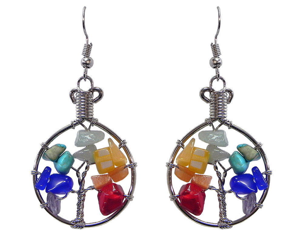 Round silver metal wire wrapped chip stone tree of life dangle earrings in rainbow chakra colors.