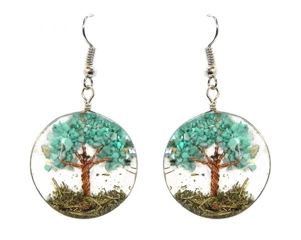 Round-shaped clear acrylic resin, copper wire, and crushed chip stone inlay tree of life dangle earrings in turquoise blue howlite.