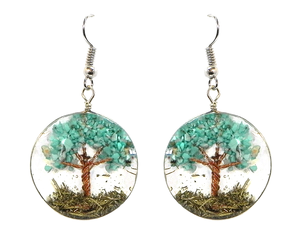 Round-shaped clear acrylic resin, copper wire, and crushed chip stone inlay tree of life dangle earrings in turquoise blue howlite.