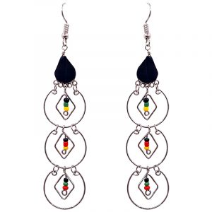 Teardrop-cut black onyx stone earrings with three long alpaca silver metal hoops and seed bead dangles in Rasta colors.