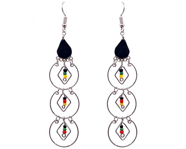Teardrop-cut black onyx stone earrings with three long alpaca silver metal hoops and seed bead dangles in Rasta colors.