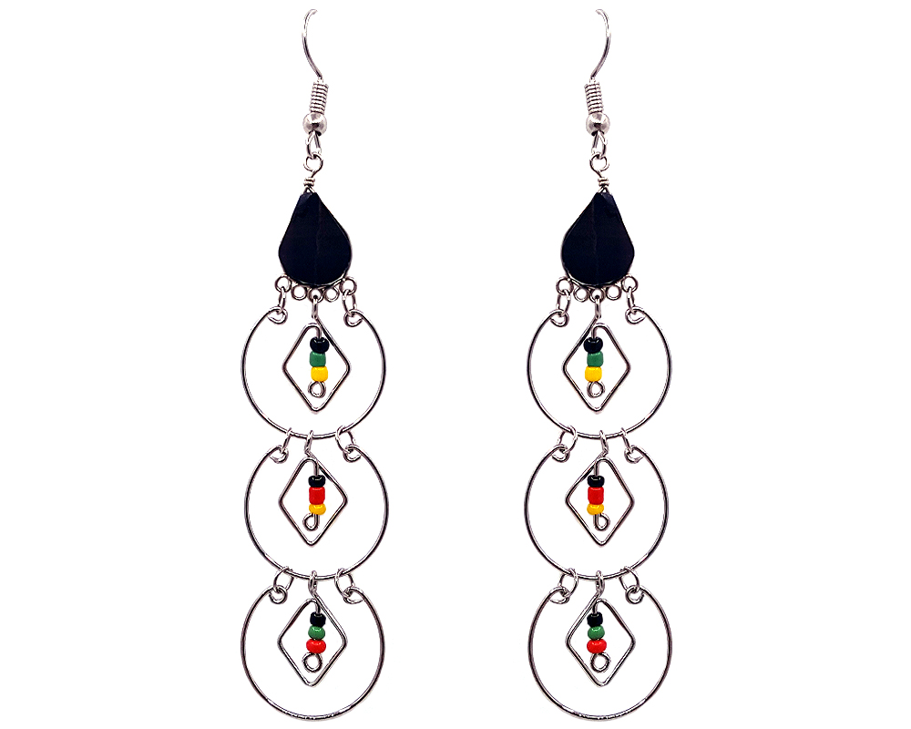 Teardrop-cut black onyx stone earrings with three long alpaca silver metal hoops and seed bead dangles in Rasta colors.
