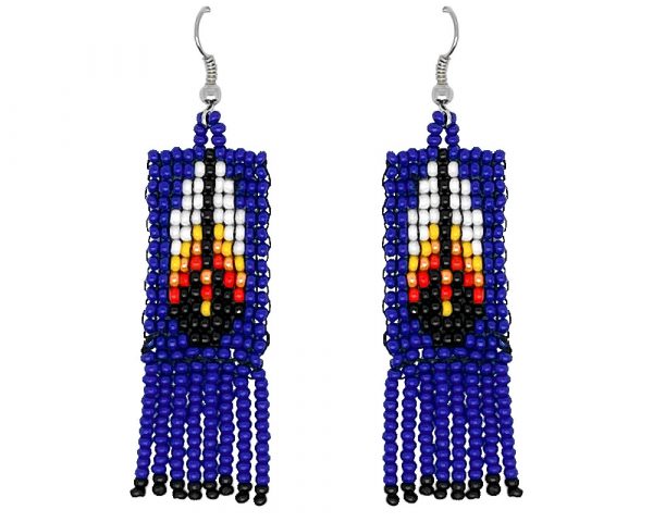 Native American inspired rectangle-shaped Czech glass seed bead fringe earrings with fire feather design in royal blue white, yellow, orange, red, and black color combination.
