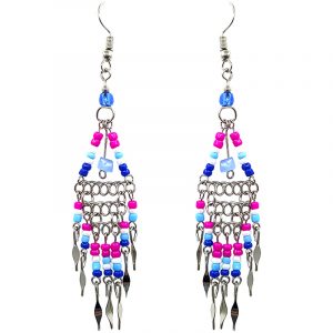 Native American inspired triangle-shaped beaded chip stone metal chain earrings with long seed bead and alpaca silver metal dangles in royal blue, hot pink, light blue, and white color combination.