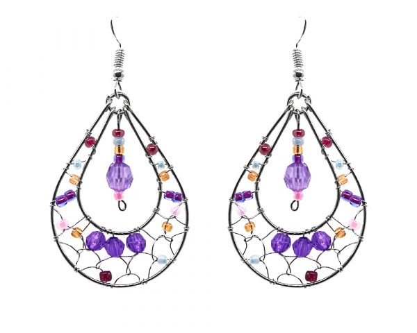 Teardrop-shaped seed bead and alpaca silver metal webbed earrings with crystal bead dangle in purple, gold, and pink color combination.