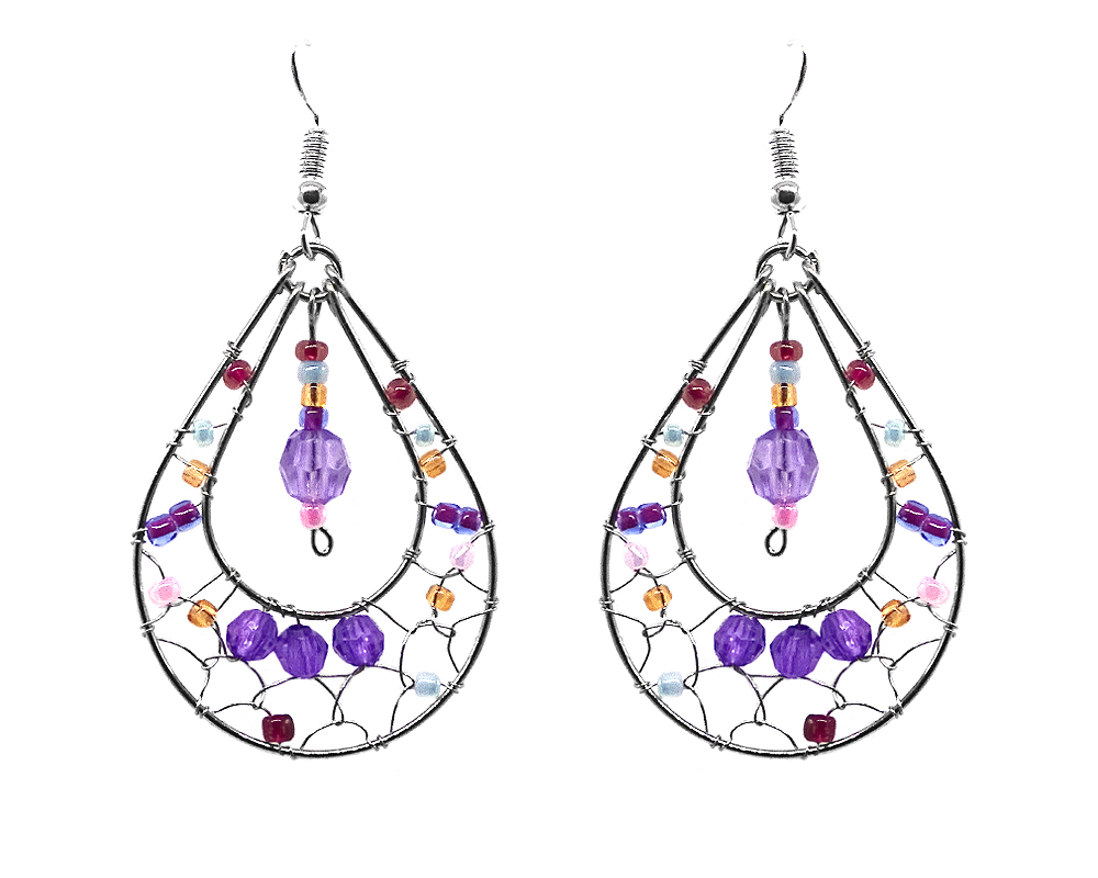Teardrop-shaped seed bead and alpaca silver metal webbed earrings with crystal bead dangle in purple, gold, and pink color combination.
