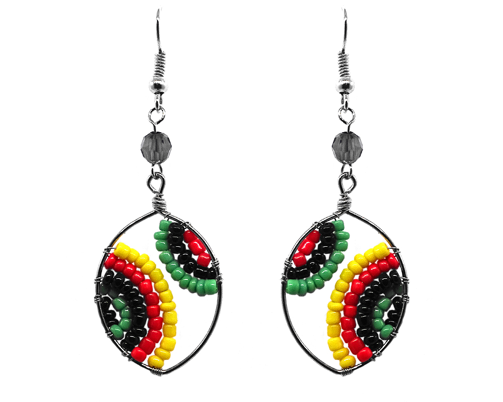 EA-031205010403 Ellipse-shaped seed bead and alpaca silver metal earrings in Rasta colors.