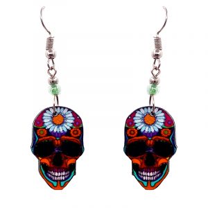 Day of the Dead floral sunflower sugar skull head acrylic dangle earrings with beaded metal hooks in orange, hot pink, black and white color combination.