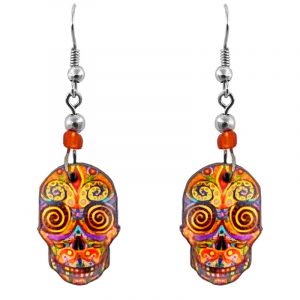 Day of the Dead psychedelic sugar skull head acrylic dangle earrings with beaded metal hooks in orange and multicolored color combination.