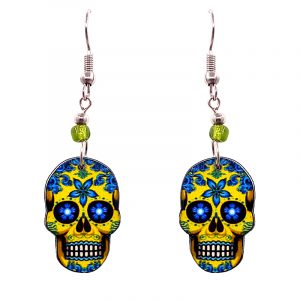Day of the Dead floral sugar skull head acrylic dangle earrings with beaded metal hooks in yellow and light blue color combination.