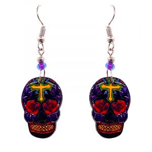 Day of the Dead cross sugar skull head acrylic dangle earrings with beaded metal hooks in purple, yellow, red, and black color combination.