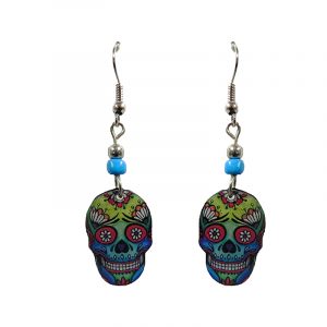 Day of the Dead faded sugar skull head acrylic dangle earrings with beaded metal hooks in lime green, blue, red, and black color combination.