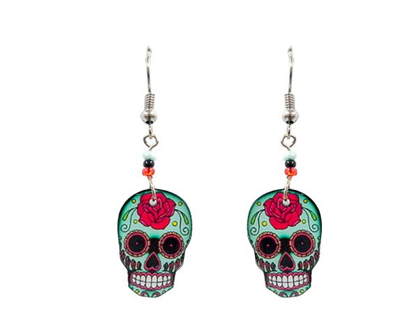 Day of the Dead floral rose sugar skull head acrylic dangle earrings with beaded metal hooks in mint, red, black, and white color combination.