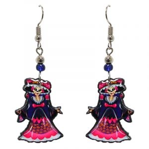 Day of the Dead Asian geisha skeleton acrylic dangle earrings with beaded metal hooks in hot pink, navy blue, white, and beige color combination.