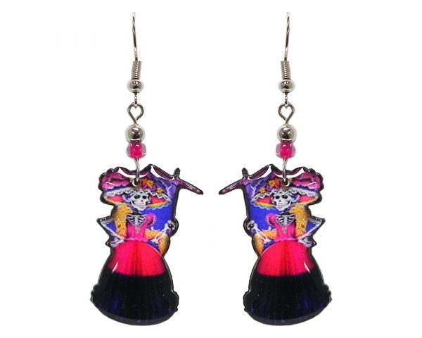 Day of the Dead floral hat skeleton acrylic dangle earrings with beaded metal hooks in hot pink, navy blue, gold, and black color combination.