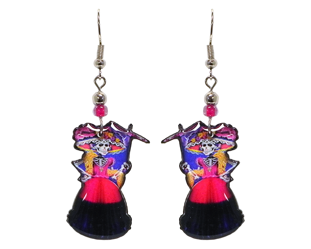 EA-040101375625 Day of the Dead floral hat skeleton acrylic dangle earrings with beaded metal hooks in hot pink, navy blue, gold, and black color combination.
