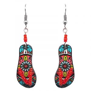 Mandala pattern flip flop sandal acrylic dangle earrings with seed bead straps and beaded metal hooks in mint turquoise, salmon pink, red and lime green color combination.