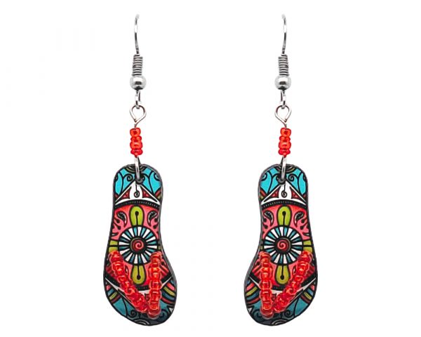 Mandala pattern flip flop sandal acrylic dangle earrings with seed bead straps and beaded metal hooks in mint turquoise, salmon pink, red and lime green color combination.