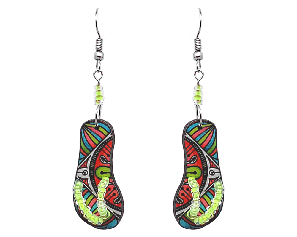Geometric pattern flip flop sandal acrylic dangle earrings with seed bead straps and beaded metal hooks in mint turquoise, salmon pink, and lime green color combination.