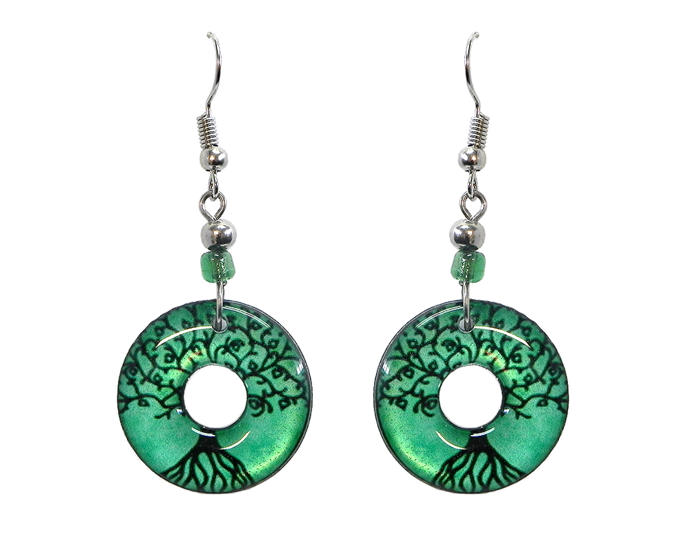 Round-shaped New Age themed tree of life graphic acrylic dangle earrings with hole and beaded metal hooks in mint green and black color combination.