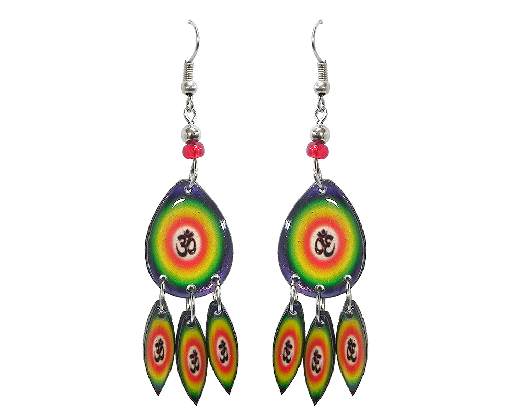 Teardrop-shaped New Age themed om sign graphic acrylic earrings with long matching dangles and beaded metal hooks in rainbow color combination.