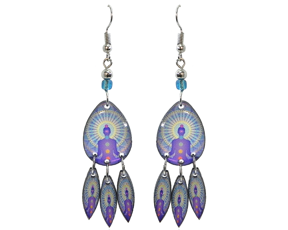 Teardrop-shaped New Age themed chakra graphic acrylic earrings with long matching dangles and beaded metal hooks in light blue, lavender purple, white, and rainbow color combination.