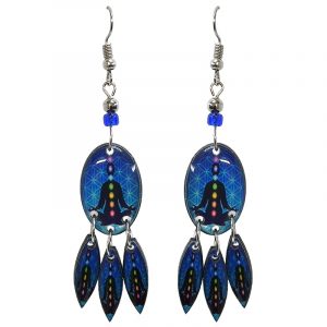 Oval-shaped New Age themed chakra graphic acrylic earrings with long matching dangles and beaded metal hooks in blue, black, and rainbow color combination.