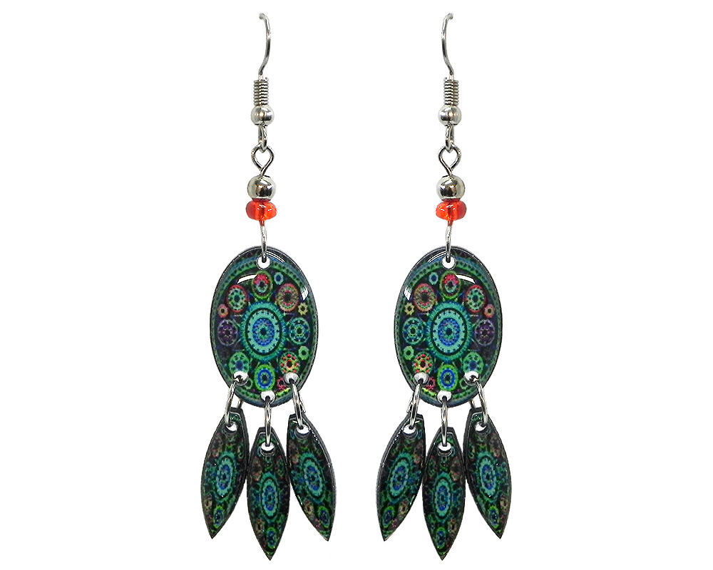 EA-040407544409 Oval-shaped New Age themed mandala gears graphic acrylic earrings with long matching dangles and beaded metal hooks in teal green, orange, and black color combination.