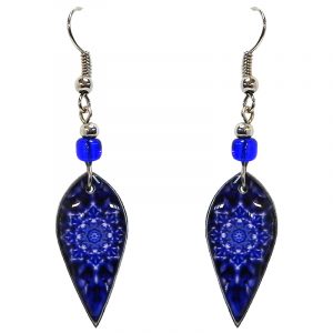 Ellipse-shaped New Age themed mandala graphic acrylic dangle earrings with beaded metal hooks in blue and dark blue color combination.