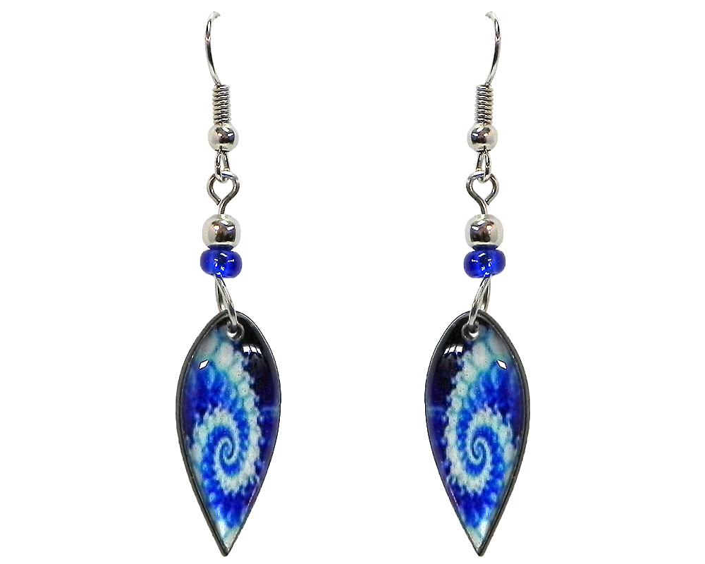 Ellipse-shaped New Age themed psychedelic spiral graphic acrylic dangle earrings with beaded metal hooks in blue and light blue color combination.