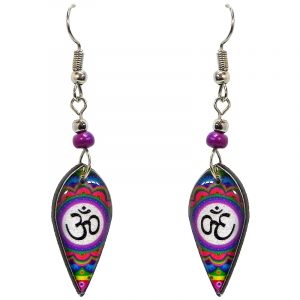 Ellipse-shaped New Age themed om sign graphic acrylic dangle earrings with beaded metal hooks in purple, white, and multicolored color combination.