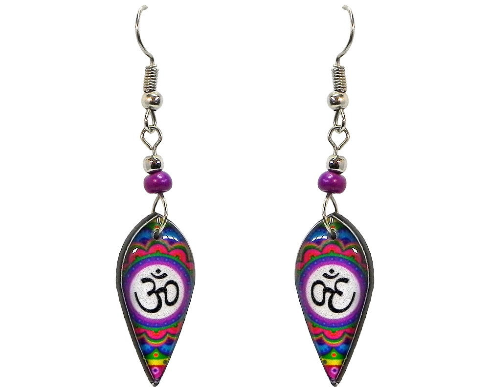 EA-040408060099 Ellipse-shaped New Age themed om sign graphic acrylic dangle earrings with beaded metal hooks in purple, white, and multicolored color combination.