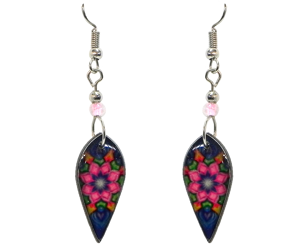 Ellipse-shaped New Age themed flower mandala graphic acrylic dangle earrings with beaded metal hooks in hot pink, blue, and multicolored color combination.