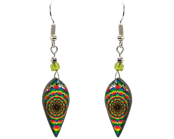 Ellipse-shaped New Age themed psychedelic graphic acrylic dangle earrings with beaded metal hooks in rainbow color combination.