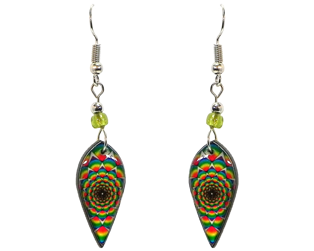 EA-040408990009 Ellipse-shaped New Age themed psychedelic graphic acrylic dangle earrings with beaded metal hooks in rainbow color combination.
