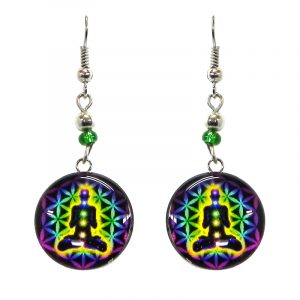Round-shaped New Age themed chakra graphic acrylic dangle earrings with silver metal setting and beaded metal hooks in purple, lime green, yellow, black, and rainbow color combination.