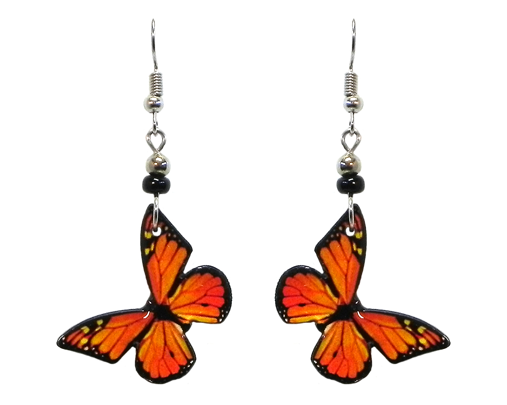 EA-040500023309-1 Monarch butterfly acrylic dangle earrings with beaded metal hooks in orange and black color combination.