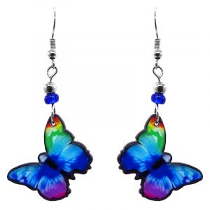 Handmade butterfly earrings with acrylic, seed beads, and metal hooks in rainbow color combination.