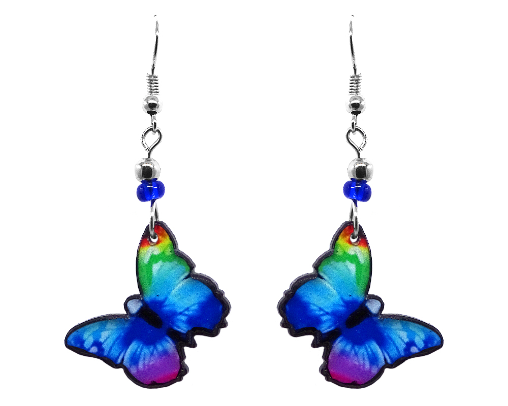 Handmade butterfly earrings with acrylic, seed beads, and metal hooks in rainbow color combination.