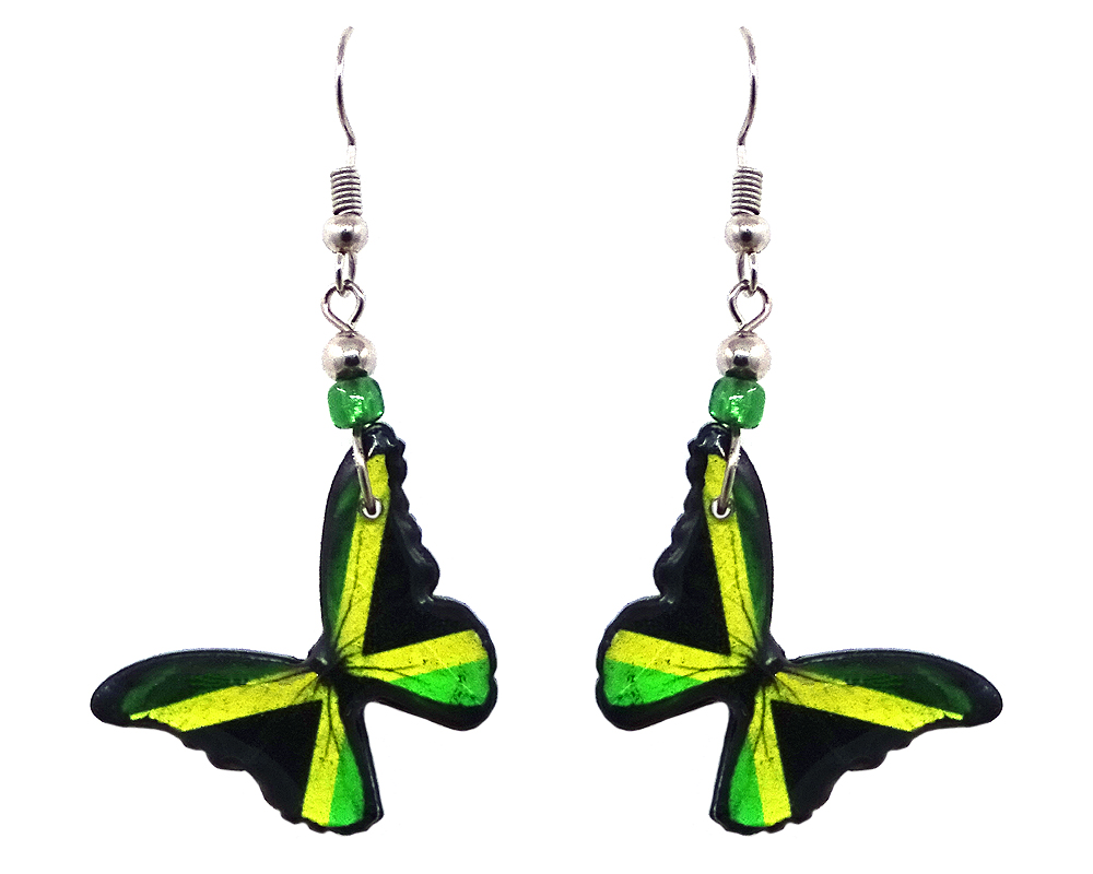 Butterfly acrylic dangle earrings with beaded metal hooks in Jamaican flag colors.