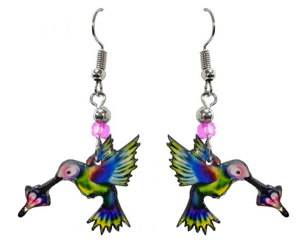 Hummingbird acrylic dangle earrings with beaded metal hooks in rainbow colors.